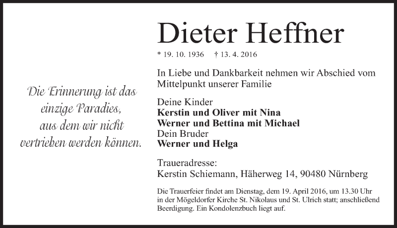  Traueranzeige für Dieter Heffner vom 16.04.2016 aus Gesamtausgabe Nürnberger Nachrichten/ Nürnberger Ztg.