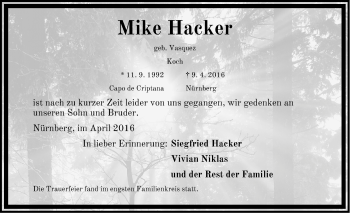 Traueranzeige von Mike Hacker von Gesamtausgabe Nürnberger Nachrichten/ Nürnberger Ztg.