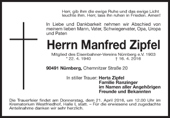 Traueranzeige von Manfred Zipfel von Gesamtausgabe Nürnberger Nachrichten/ Nürnberger Ztg.