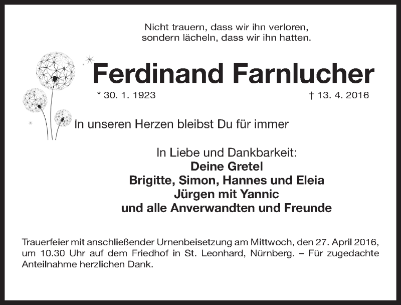  Traueranzeige für Ferdinand Farnlucher vom 23.04.2016 aus Gesamtausgabe Nürnberger Nachrichten/ Nürnberger Ztg.