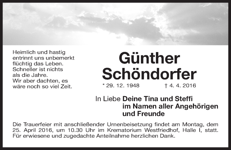  Traueranzeige für Günther Schöndorfer vom 16.04.2016 aus Gesamtausgabe Nürnberger Nachrichten/ Nürnberger Ztg.