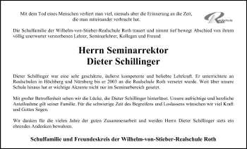 Traueranzeige von Dieter Schillinger von Roth-Hilpoltsteiner Volkszeitung Lokal
