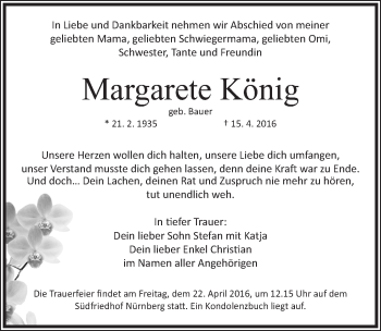 Traueranzeige von Margarete König von Gesamtausgabe Nürnberger Nachrichten/ Nürnberger Ztg.