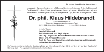 Traueranzeige von Klaus Hildebrandt von Gesamtausgabe Nürnberger Nachrichten/ Nürnberger Ztg.
