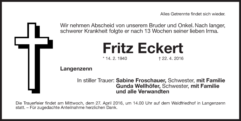  Traueranzeige für Fritz Eckert vom 25.04.2016 aus Fürther Nachrichten Lokal