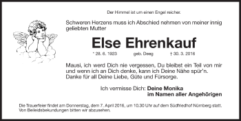 Traueranzeige von Else Ehrenkauf von Gesamtausgabe Nürnberger Nachrichten/ Nürnberger Ztg.