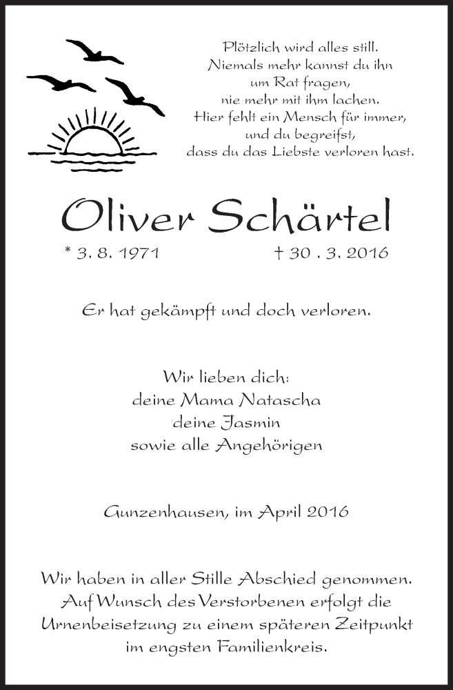  Traueranzeige für Oliver Schärtel vom 13.04.2016 aus Altmühl-Bote Lokal