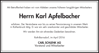 Traueranzeige von Karl Apfelbacher von Nordbayerische Nachrichten Pegnitz Lokal