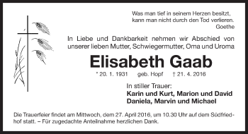 Traueranzeige von Elisabeth Gaab von Gesamtausgabe Nürnberger Nachrichten/ Nürnberger Ztg.