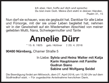 Traueranzeige von Annelle Dürr von Gesamtausgabe Nürnberger Nachrichten/ Nürnberger Ztg.