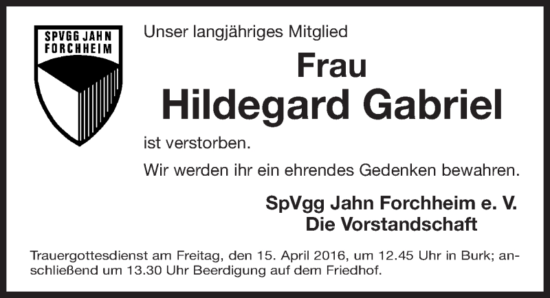  Traueranzeige für Hildegard Gabriel vom 14.04.2016 aus Nordbayerische Nachrichten Forchheim Lokal