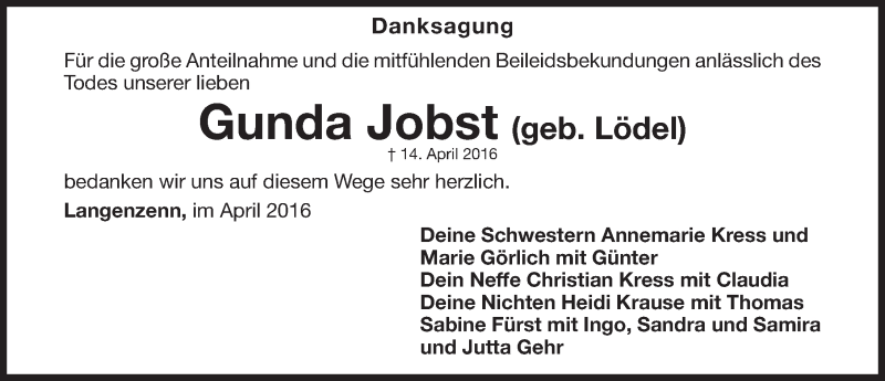  Traueranzeige für Gunda Jobst vom 22.04.2016 aus Fürther Nachrichten Lokal