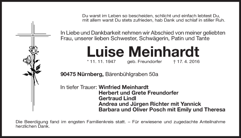  Traueranzeige für Luise Meinhardt vom 23.04.2016 aus Gesamtausgabe Nürnberger Nachrichten/ Nürnberger Ztg.