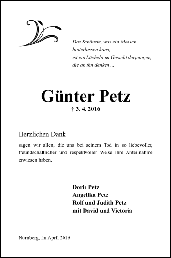 Traueranzeige von Günter Petz von Gesamtausgabe Nürnberger Nachrichten/ Nürnberger Ztg.