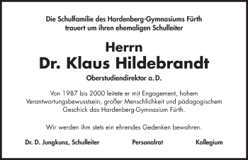 Traueranzeige von Klaus Hildebrandt von Fürther Nachrichten Lokal