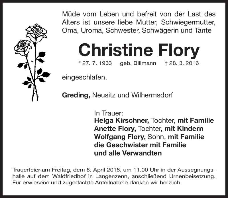  Traueranzeige für Christine Flory vom 06.04.2016 aus Fürther Nachrichten Lokal