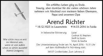 Traueranzeige von Arend Richter von Gesamtausgabe Nürnberger Nachrichten/ Nürnberger Ztg.