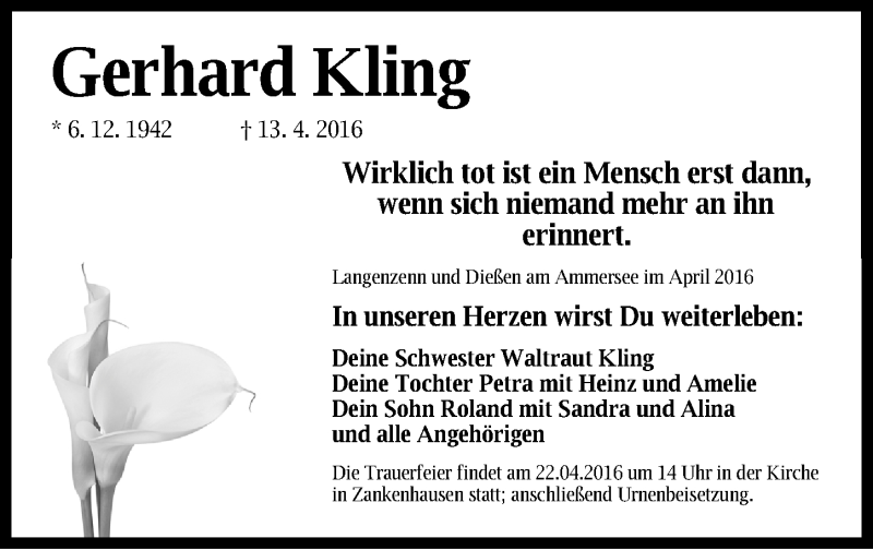  Traueranzeige für Gerhard Kling vom 18.04.2016 aus Fürther Nachrichten/ Gesamtausgabe Nürnberger Nachrichten/ Nürnberger Ztg.