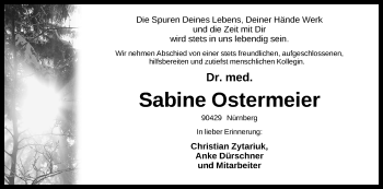 Traueranzeige von Sabine Ostermeier von Gesamtausgabe Nürnberger Nachrichten/ Nürnberger Ztg.