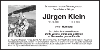 Traueranzeige von Jürgen Klein von Gesamtausgabe Nürnberger Nachrichten/ Nürnberger Ztg.