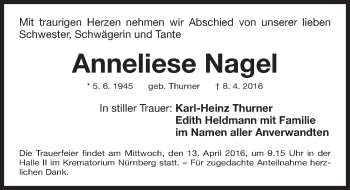 Traueranzeige von Anneliese Nagel von Gesamtausgabe Nürnberger Nachrichten/ Nürnberger Ztg.