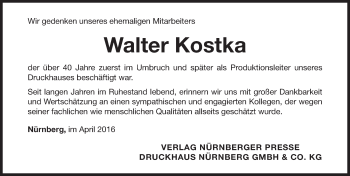 Traueranzeige von Walter Kostka von Gesamtausgabe Nürnberger Nachrichten/ Nürnberger Ztg.