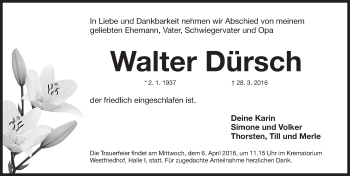 Traueranzeige von Walter Dürsch von Gesamtausgabe Nürnberger Nachrichten/ Nürnberger Ztg.