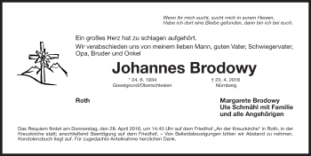 Traueranzeige von Johannes Brodowy von Roth-Hilpoltsteiner Volkszeitung Lokal
