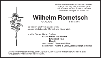 Traueranzeige von Wilhelm Rometsch von Gesamtausgabe Nürnberger Nachrichten/ Nürnberger Ztg.