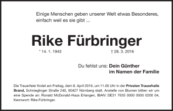 Traueranzeige von Rike Fürbringer von Gesamtausgabe Nürnberger Nachrichten/ Nürnberger Ztg.