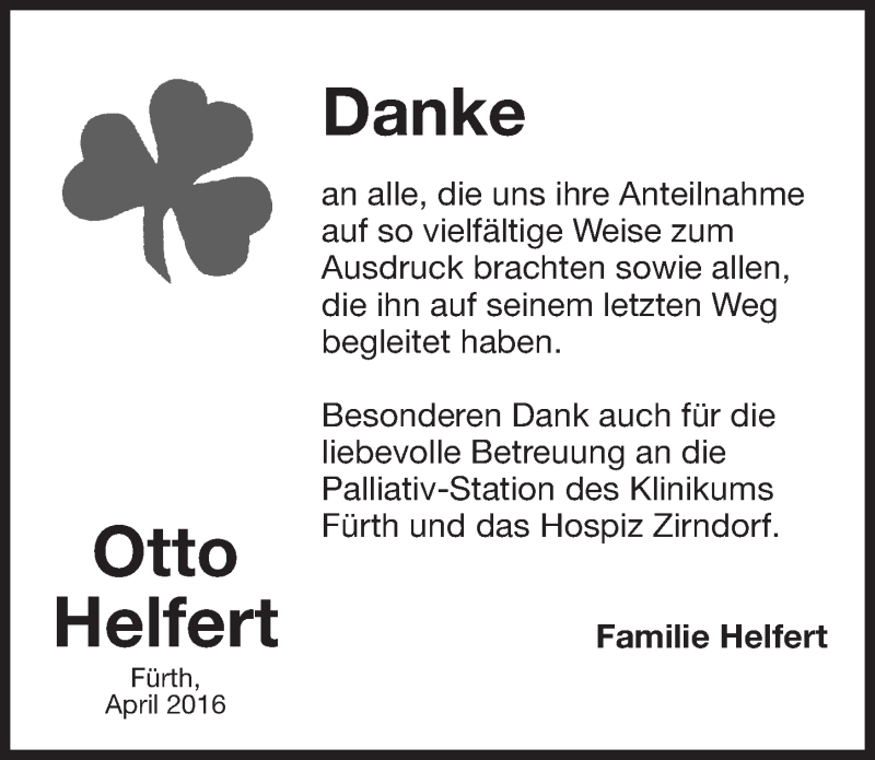  Traueranzeige für Otto Hermann Helfert vom 30.04.2016 aus Fürther Nachrichten Lokal