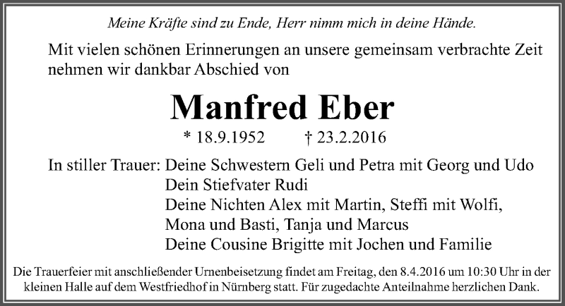 Traueranzeige für Manfred Eber vom 02.04.2016 aus Gesamtausgabe Nürnberger Nachrichten/ Nürnberger Ztg.