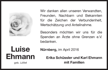 Traueranzeige von Luise Ehmann von Gesamtausgabe Nürnberger Nachrichten/ Nürnberger Ztg.