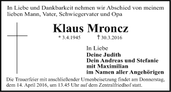Traueranzeige von Klaus Mroncz von Erlanger Nachrichten Lokal