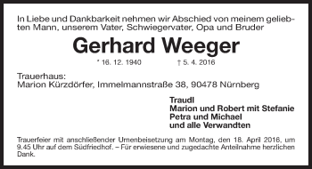 Traueranzeige von Gerhard Weeger von Gesamtausgabe Nürnberger Nachrichten/ Nürnberger Ztg.