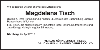 Traueranzeige von Magdalena Tisch von Gesamtausgabe Nürnberger Nachrichten/ Nürnberger Ztg.