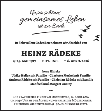 Traueranzeige von Heinz Rädeke von Gesamtausgabe Nürnberger Nachrichten/ Nürnberger Ztg.
