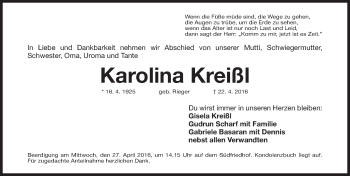 Traueranzeige von Karolina Kreißl von Gesamtausgabe Nürnberger Nachrichten/ Nürnberger Ztg.
