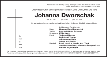 Traueranzeige von Johanna Dworschak von Gesamtausgabe Nürnberger Nachrichten/ Nürnberger Ztg.