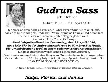 Traueranzeige von Gudrun Sass von Gesamtausgabe Nürnberger Nachrichten/ Nürnberger Ztg.