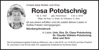 Traueranzeige von Rosa Pototschnig von Gesamtausgabe Nürnberger Nachrichten/ Nürnberger Ztg.