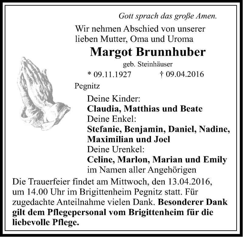  Traueranzeige für Margot Brunnhuber vom 12.04.2016 aus Nordbayerische Nachrichten Pegnitz Lokal