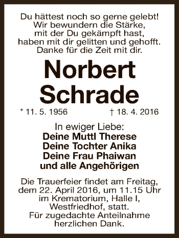 Traueranzeige von Norbert Schrade von Gesamtausgabe Nürnberger Nachrichten / Nürnberger Ztg.