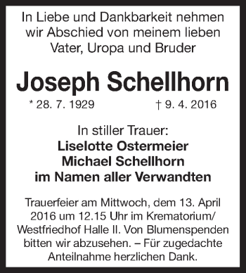 Traueranzeige von Joseph Schellhorn von Gesamtausgabe Nürnberger Nachrichten/ Nürnberger Ztg.