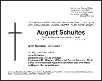 Traueranzeige von August Schultes von Gesamtausgabe Nürnberger Nachrichten/ Nürnberger Ztg.