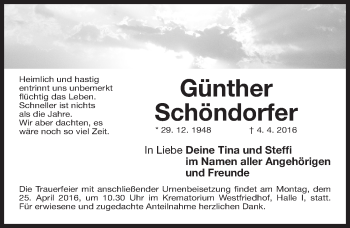 Traueranzeige von Günther Schöndorfer von Gesamtausgabe Nürnberger Nachrichten/ Nürnberger Ztg.