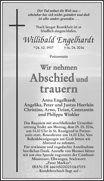 Traueranzeige von Willibald Engelhardt von Nordbayerische Nachrichten Pegnitz Lokal