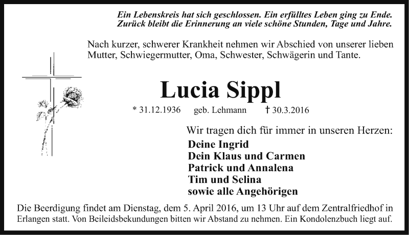  Traueranzeige für Lucia Sippl vom 02.04.2016 aus Gesamtausgabe Nürnberger Nachrichten/ Nürnberger Ztg./ Erlanger Nachrichten