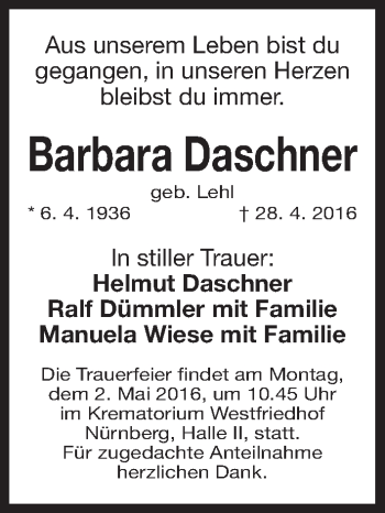 Traueranzeige von Barbara Daschner von Gesamtausgabe Nürnberger Nachrichten/ Nürnberger Ztg.