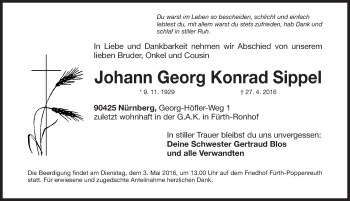 Traueranzeige von Johann Georg Konrad Sippel von Gesamtausgabe Nürnberger Nachrichten/ Nürnberger Ztg.